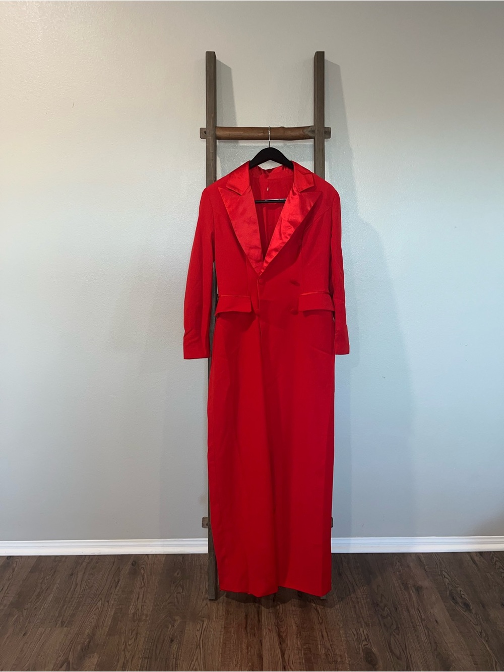 Red Satin-Lapel Long Sleeve Maxi Blazer Dress